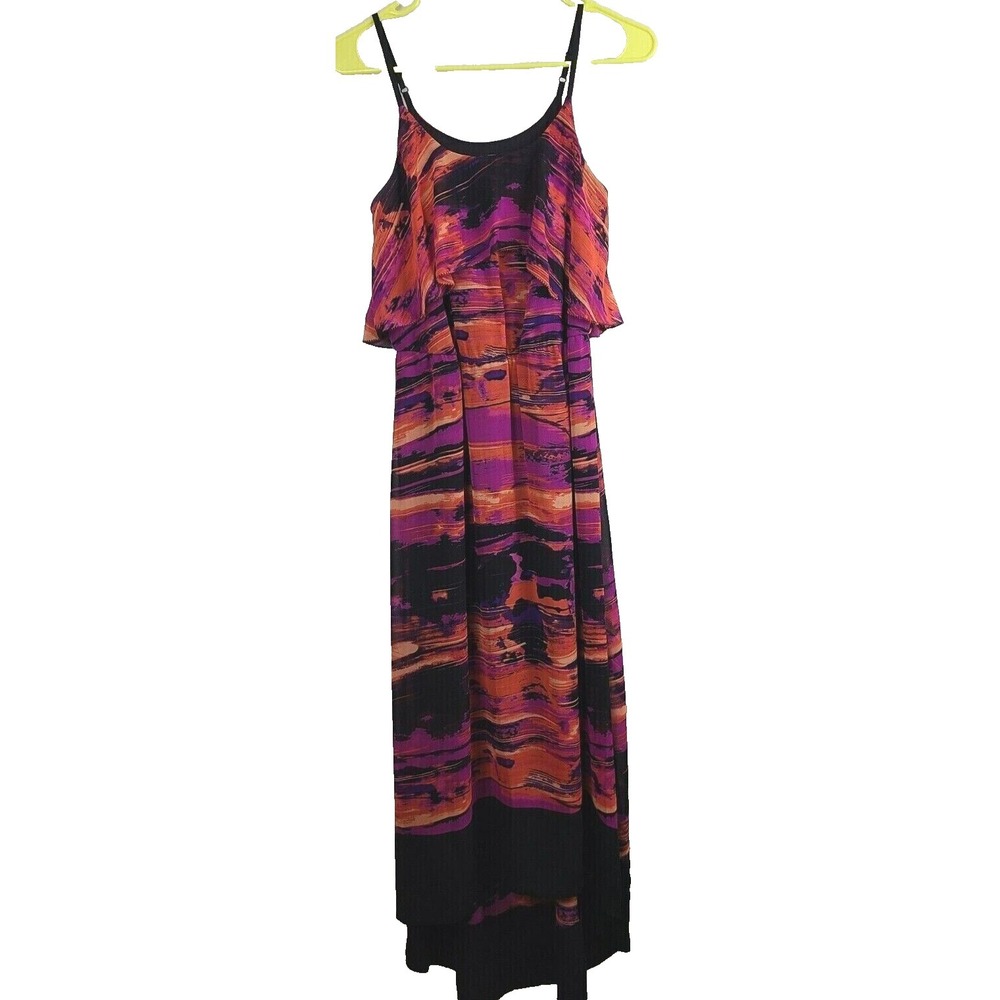 Kensie Sleeveless BOHO Maxi Dress XS Red Purple Tie Dye Flounce Hi Low Party